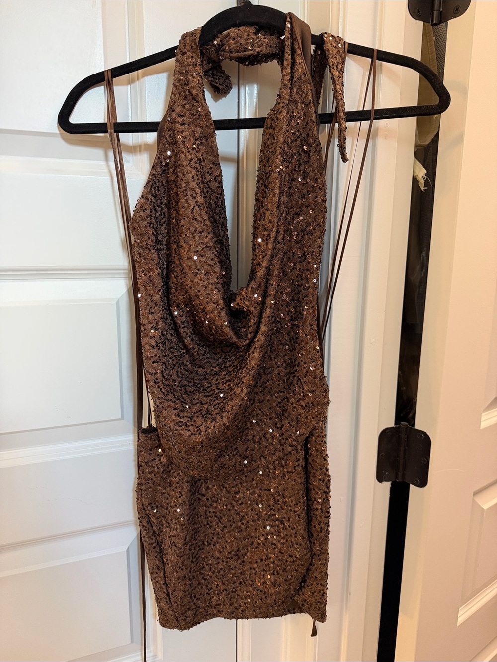 Windsor Brown Sequin Halter Cowl Mini Dress